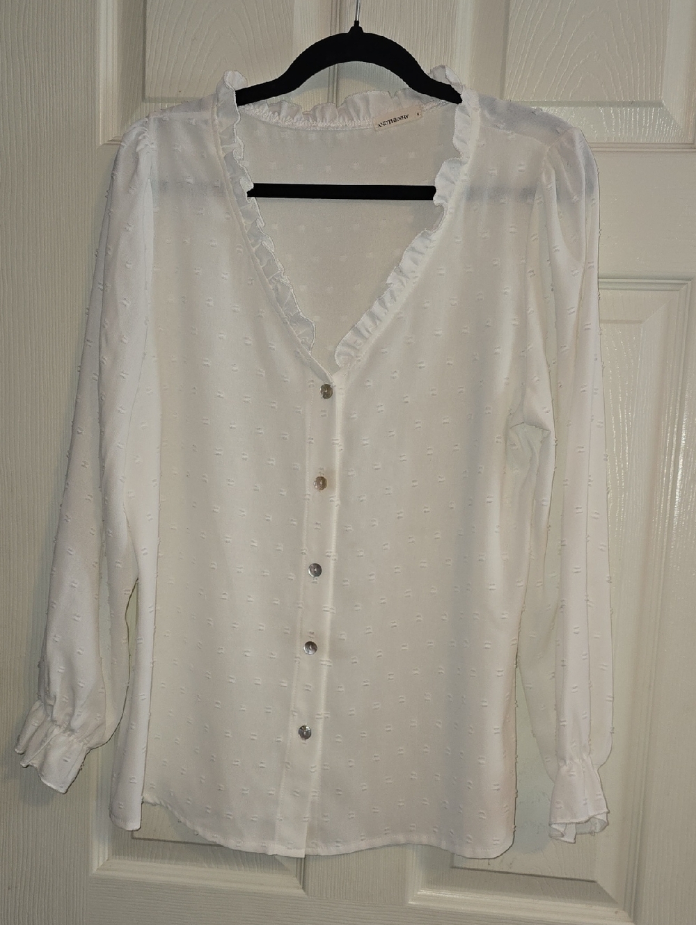 Swiss Dot Ruffle V-Neck Button Blouse - White‎
